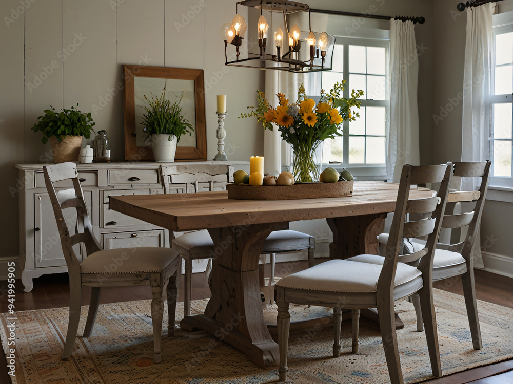 Rustic Farmhouse Dining Room: A Cozy Blend of Vintage Charm and Fresh Blooms. Rustic Farmhouse Dining Room: A Cozy Blend of Vintage Charm and Fresh Blooms.