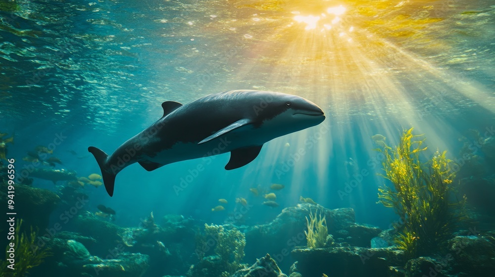Obraz premium Vaquita Diving into Depths, Searching for Food, Diverse Marine Life, Underwater Formations, Ideal for Marine Conservation Studies
