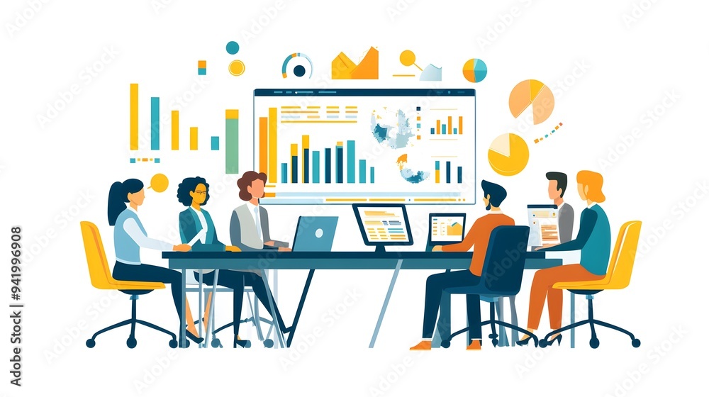A group of people working together in front of a screen, with vector illustrations and a flat design style, against a white background A group of people working together in front of a screen, with vector illustrations and a flat design style, against a white background