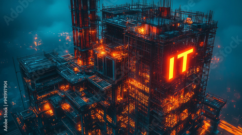 The letters "IT" set against a digital blueprint of a skyscraper, illustrating the integration of technology in construction and architecture.