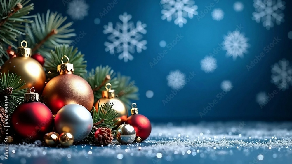 Naklejka premium Colorful Christmas Baubles with Pine Needles and Snowflakes background