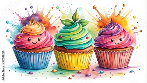 Whimsical Inkbrush Cupcake Logo: Fluid inkbrush strokes, whimsical characters, vibrant colors, playful and charming photo