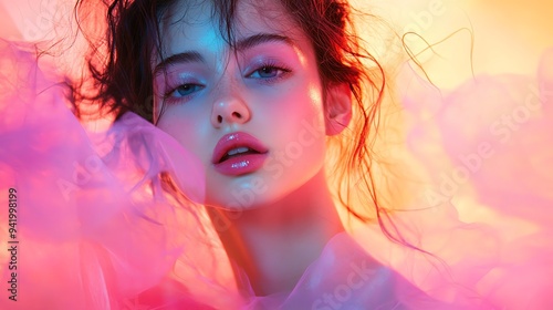 Ethereal fashion portrait with neon pastel accessories and soft glowing edges, model in a dreamy pose, abstract background blending in.