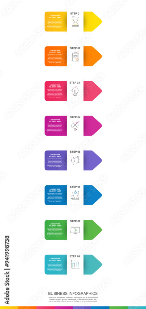Vector infographic arrow design with eight steps. Infographics template for business concept with 8 icons. Used for presentations, info graph, workflow layout, banner, process diagram, flow charts Vector infographic arrow design with eight steps. Infographics template for business concept with 8 icons. Used for presentations, info graph, workflow layout, banner, process diagram, flow charts