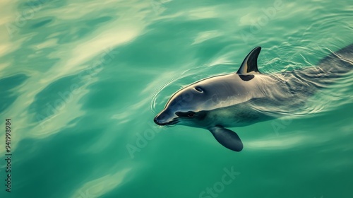 Vaquita Foraging in Tranquil Sheltered Bay, Delicate Movements, Feeding Behavior Visible, Ideal for Marine Conservation Education photo