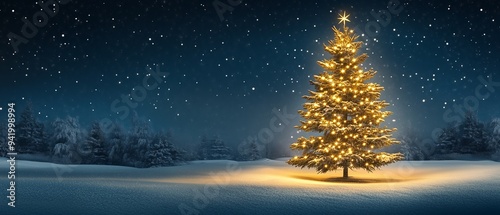 Christmas tree with lights in a snowy winter landscape at night