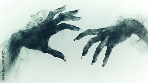 Halloween set clipart, eerie spectral hands, reaching from the darkness, isolated on white background