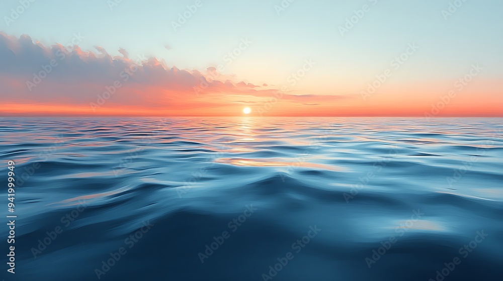 Fototapeta premium A serene sunset over the ocean with a calm, rippling water surface.