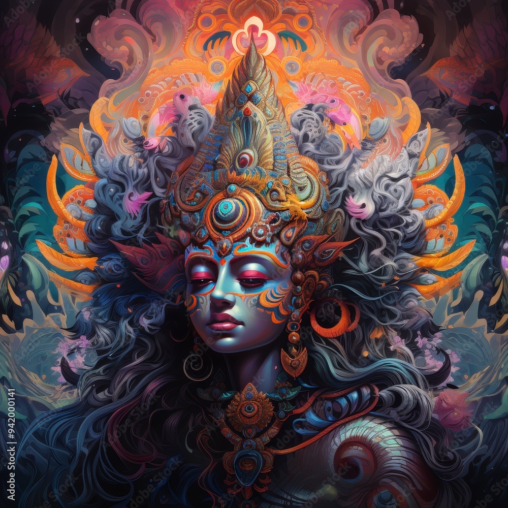A vibrant, mystical portrait of a goddess with intricate details and colorful embellishments. A vibrant, mystical portrait of a goddess with intricate details and colorful embellishments.