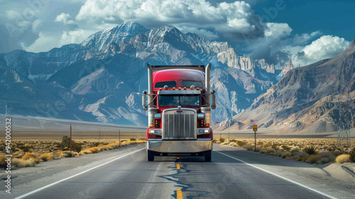 The truck is driving along the highway against the backdrop of a beautiful mountain landscape. Background for design. Cargo transportation concept.
