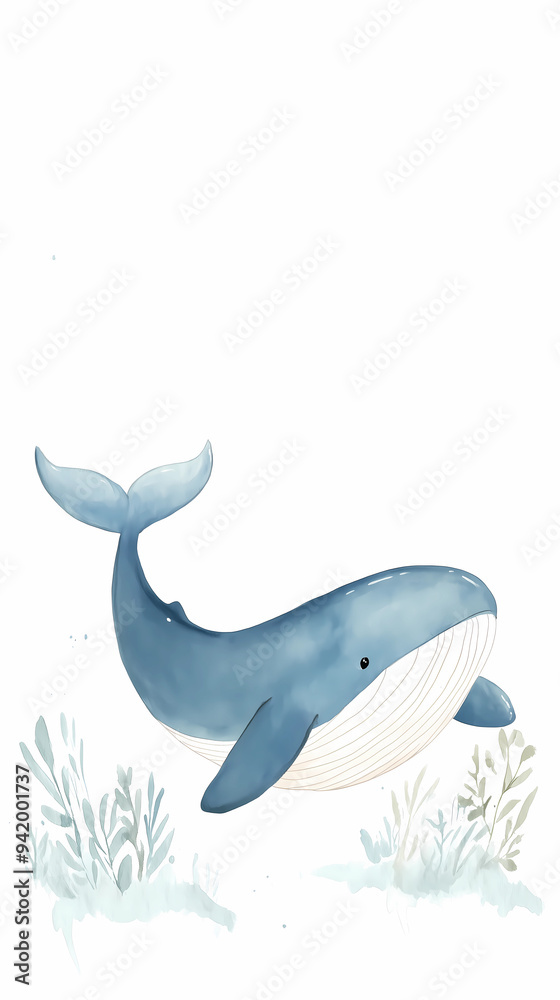 Obraz premium Illustration of blue whale. Adorable sea animal in the underwater world. Cute collection for kids, stickers, wallpaper, children books and greeting cards.
