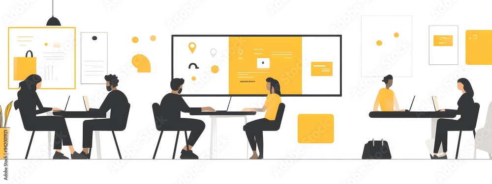 A group of people working together in front of a screen, with vector illustrations and a flat design style, against a white background