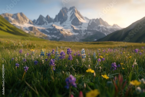 A picturesque view of vibrant wildflowers in a lush mountain valley at sunrise, with majestic snow-capped peaks in the background and soft, warm lighting.