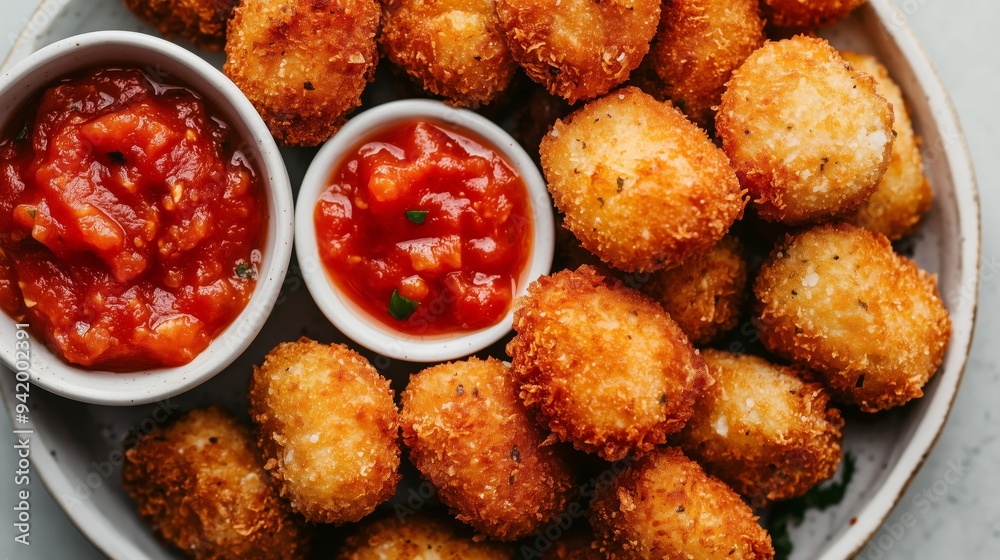 A plate of golden croquettes with tomato sauce and mayo, set against a soft gray background. A plate of golden croquettes with tomato sauce and mayo, set against a soft gray background.