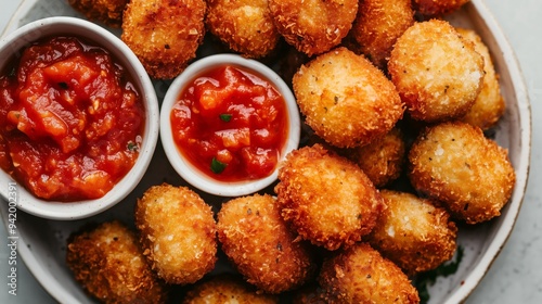 A plate of golden croquettes with tomato sauce and mayo, set against a soft gray background.