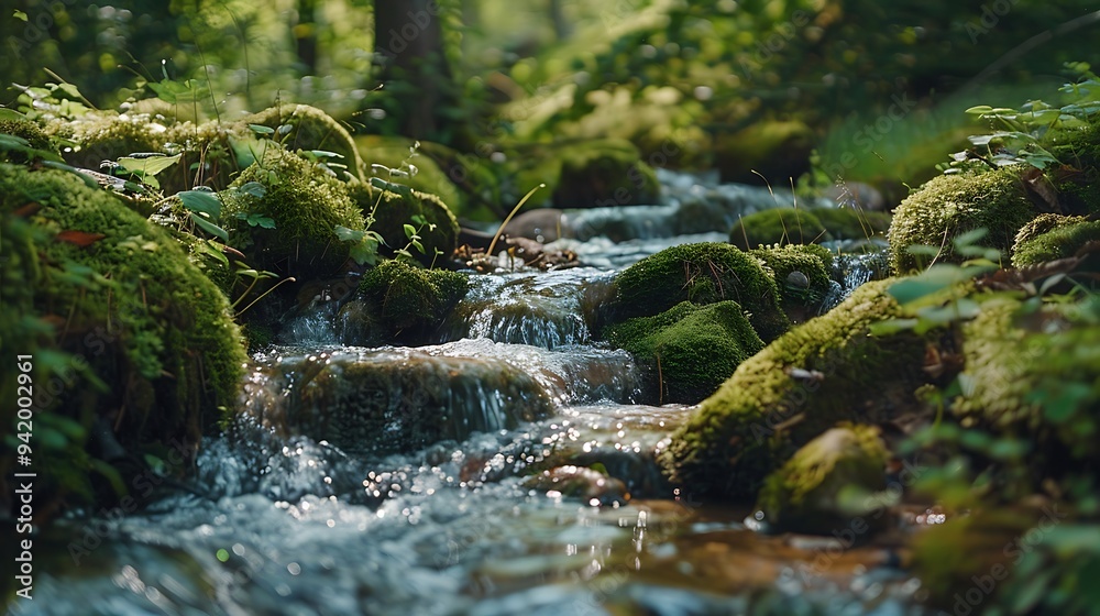 A gentle stream flowing through a quiet forest, with soft moss-covered rocks and the sound of trickling water creating a meditative ambiance A gentle stream flowing through a quiet forest, with soft moss-covered rocks and the sound of trickling water creating a meditative ambiance