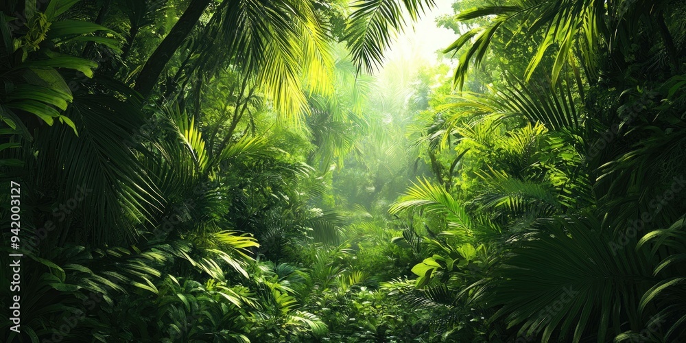 Fototapeta premium Dense, lush green tropical jungle foliage.