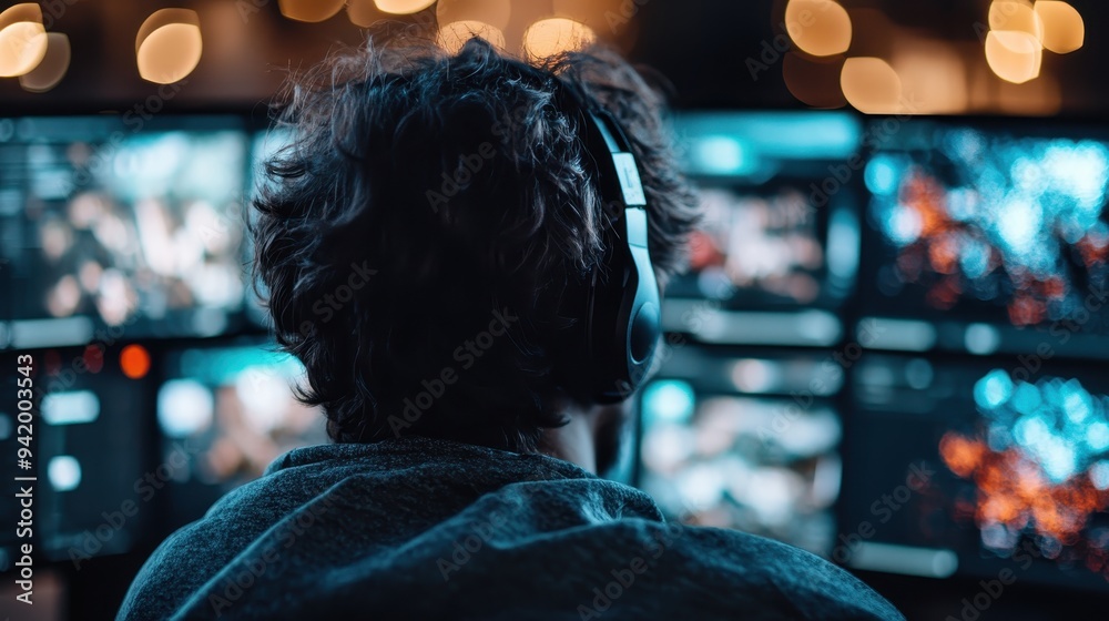 A person with headphones is seen from behind, intently focused on multiple computer screens displaying various information, representing technology and data engagement. A person with headphones is seen from behind, intently focused on multiple computer screens displaying various information, representing technology and data engagement.