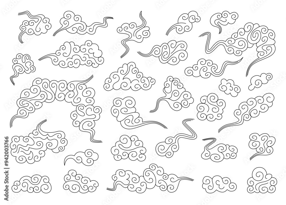 Cute simple cumulus clouds Japanese engraving style. Oriental vintage clouds line art collection. Set of retro hand drawn elements for Chinese design. Vector illustration. Cute simple cumulus clouds Japanese engraving style. Oriental vintage clouds line art collection. Set of retro hand drawn elements for Chinese design. Vector illustration.