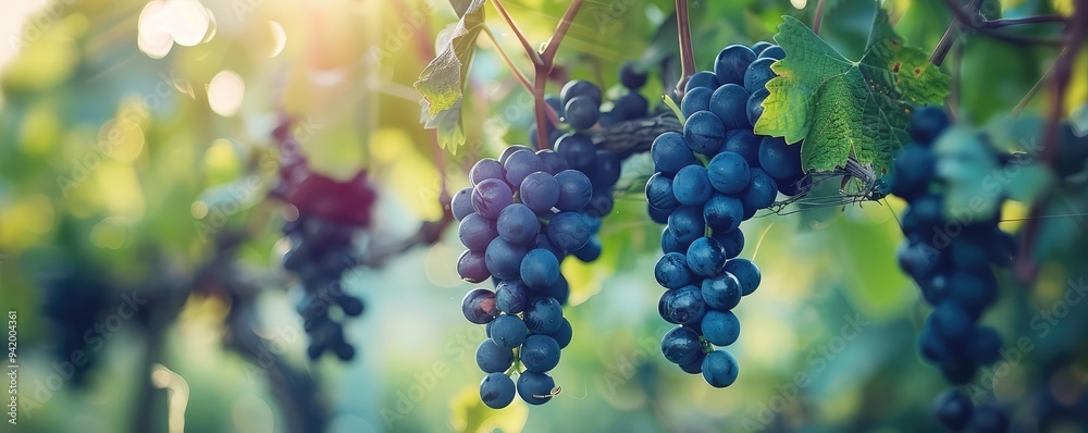 Close-up of ripe grapes on a vineyard with sunlight. Close-up of ripe grapes on a vineyard with sunlight.