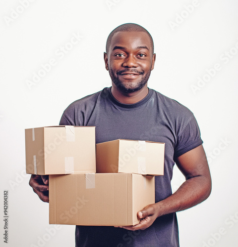 Mail delivery, a young man 20-30 years old Afro-American with a paper box in his hands, smiling, standing on a light background