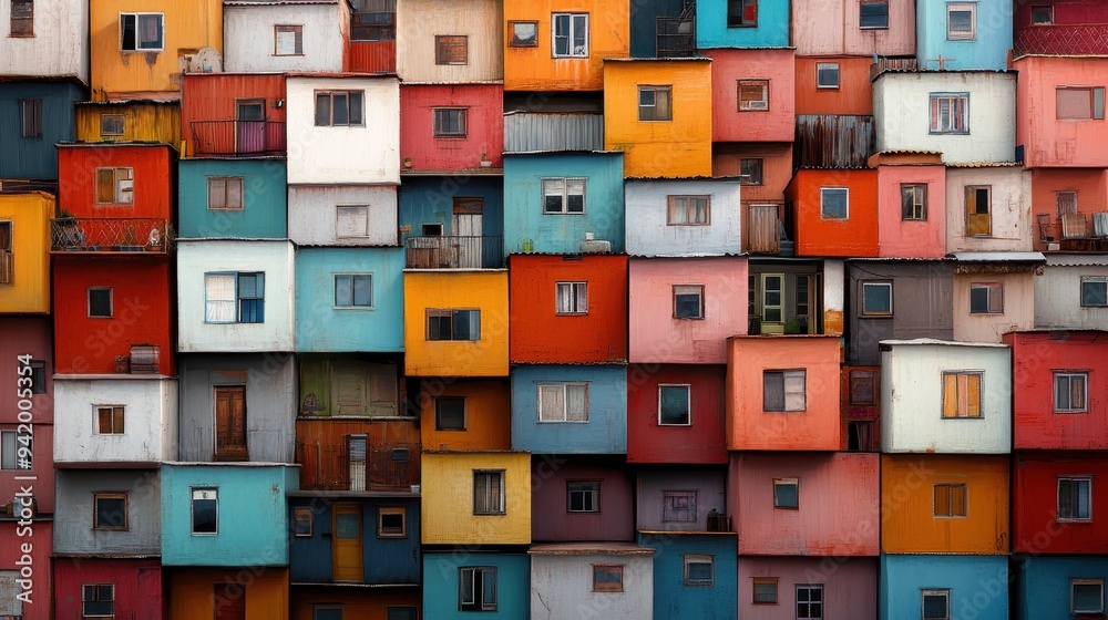 A visually striking photograph of brightly colored houses stacked closely together, creating a vibrant and lively urban scene that showcases community, diversity, and aesthetic harmony. A visually striking photograph of brightly colored houses stacked closely together, creating a vibrant and lively urban scene that showcases community, diversity, and aesthetic harmony.