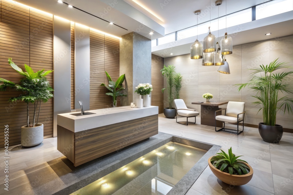 Fototapeta premium Zen Dental Oasis: Meditative décor, calming water features, muted colors, minimalist design, peaceful receptionist