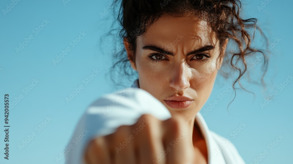 A determined woman dressed in a white outfit, in an action stance ready to punch forward, with a fierce expression, portraying strength, courage, and empowerment. A determined woman dressed in a white outfit, in an action stance ready to punch forward, with a fierce expression, portraying strength, courage, and empowerment.