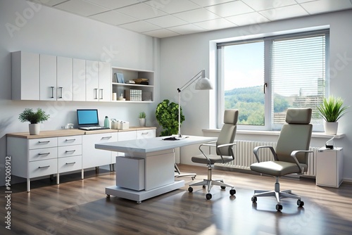 Modern medical office interior illustration featuring a desk, chair, and medical equipment in a clean, minimalist environment with a professional and calming atmosphere. photo