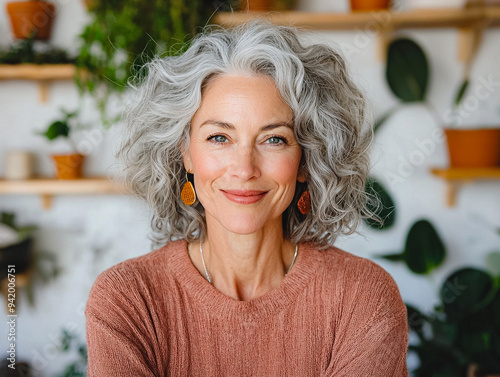 A woman with short hair and a red sweater is smiling