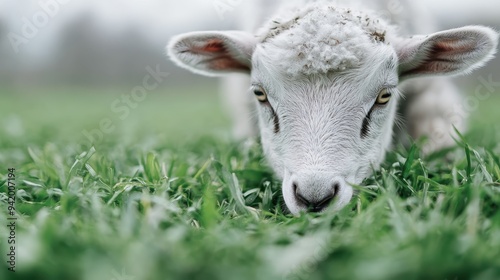 A close-up photograph capturing another goat with its head down, happily munching on fresh green grass, emphasizing the simple beauty of nature and farm life.