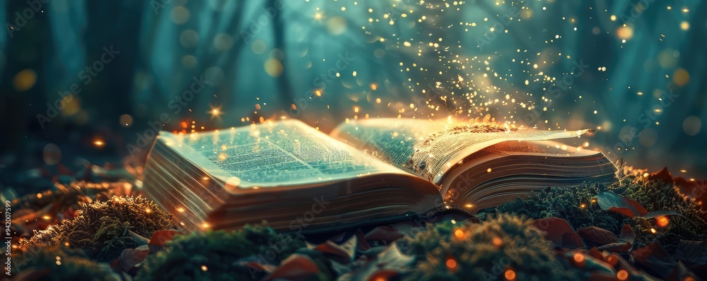 Open magical book with glowing sparks in dark forest. Open magical book with glowing sparks in dark forest.