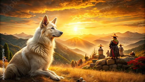 Zenithian Shepherd: Serene, ethereal, golden hour, warm hues, mystical doglike creature, Korean folk art elements photo