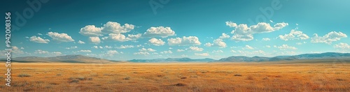 Golden wheat field with mountains in the background under a bright blue sky