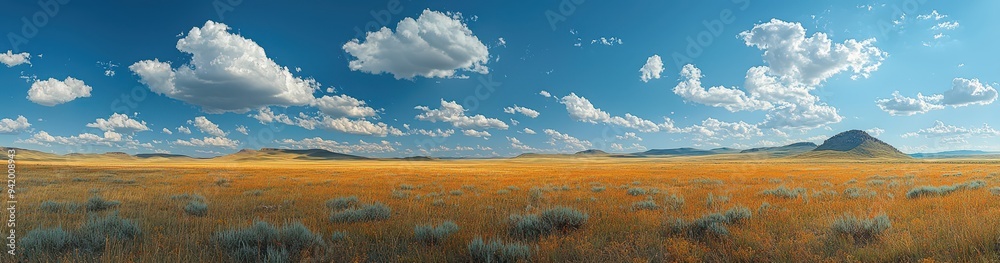 Obraz premium Golden wheat field with mountains in the background under a bright blue sky