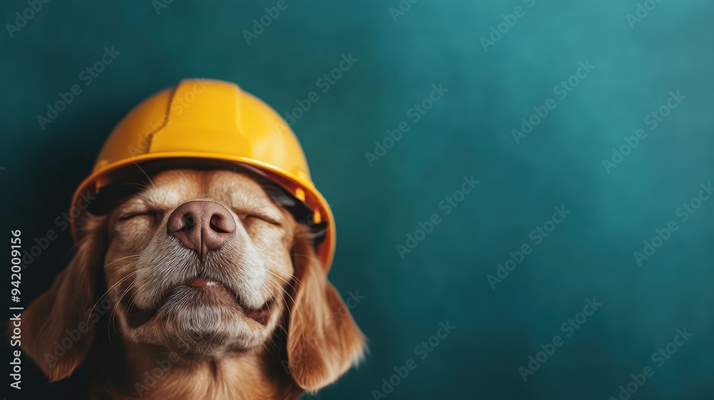 A relaxed dog with closed eyes is seen wearing a yellow construction helmet against a plain green background, depicting safety and cuteness together. A relaxed dog with closed eyes is seen wearing a yellow construction helmet against a plain green background, depicting safety and cuteness together.