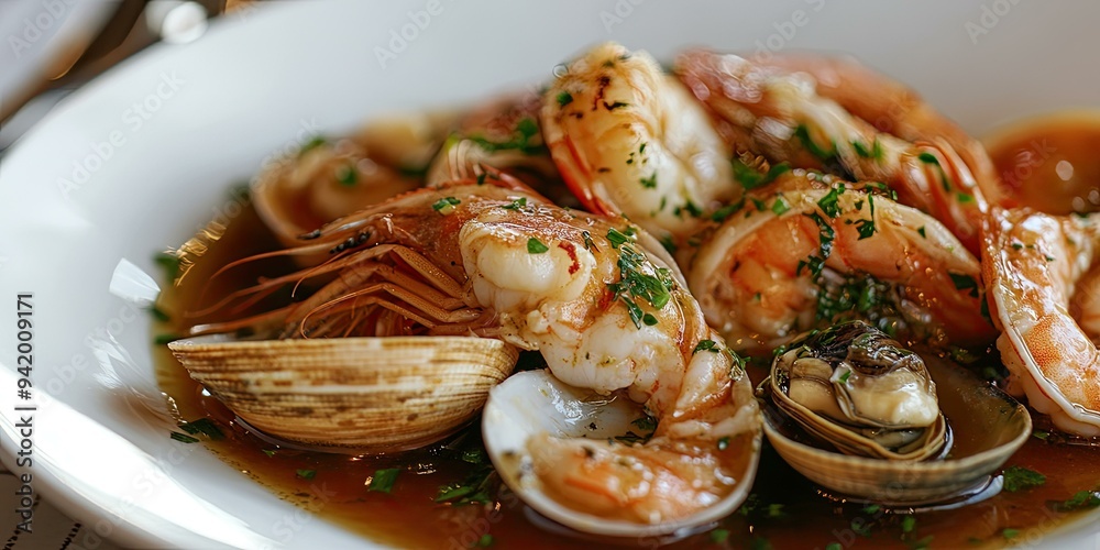 Seafood dish with shrimp and clams.
