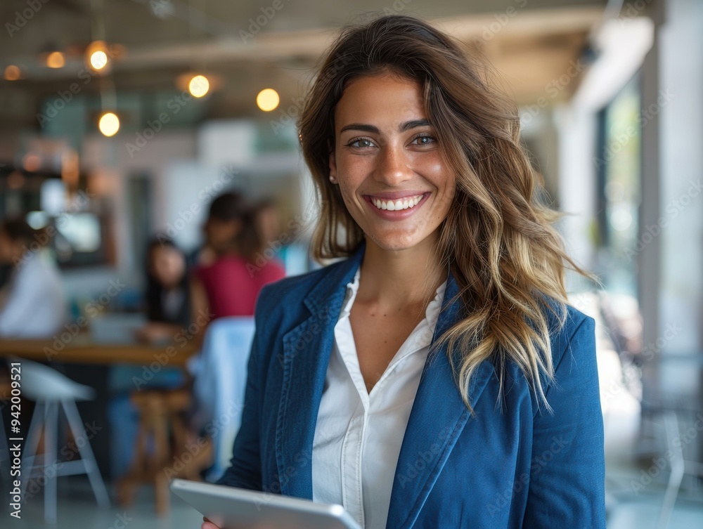 A businesswoman smiles while holding a tablet. AI. A businesswoman smiles while holding a tablet. AI.