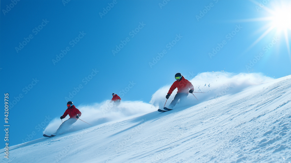 A dynamic scene of skiers and snowboarders carving down a snowy mountain slope, with the sun shining brightly against a clear blue sky. A dynamic scene of skiers and snowboarders carving down a snowy mountain slope, with the sun shining brightly against a clear blue sky.