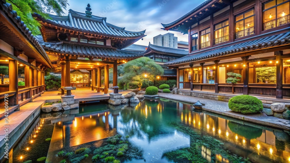 Zen Oasis Among Commotion: Peaceful garden within station, traditional architecture, calming water features, serene ambiance Zen Oasis Among Commotion: Peaceful garden within station, traditional architecture, calming water features, serene ambiance
