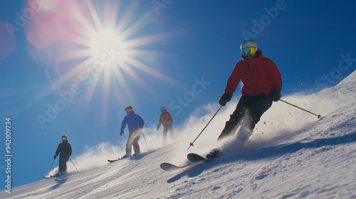 A dynamic scene of skiers a...