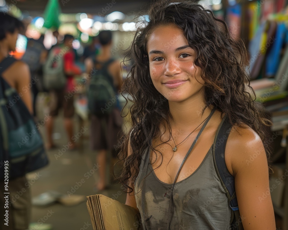 Fototapeta premium A young woman with curly hair smiles at the camera. AI.