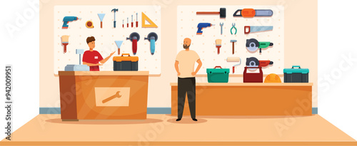 Hardware store seller standing behind counter assisting customer choosing tools