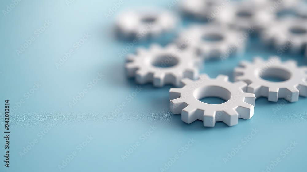 White gears are scattered across a blue surface, representing concepts of mechanics, engineering, connection, and precision, symbolizing technological advancement and synergy. White gears are scattered across a blue surface, representing concepts of mechanics, engineering, connection, and precision, symbolizing technological advancement and synergy.