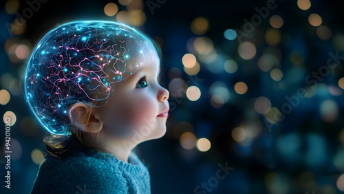 A young child's brain operated by artificial intelligence, with glowing neural connections.