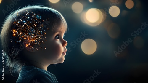 A young child's brain operated by artificial intelligence, with glowing neural connections.