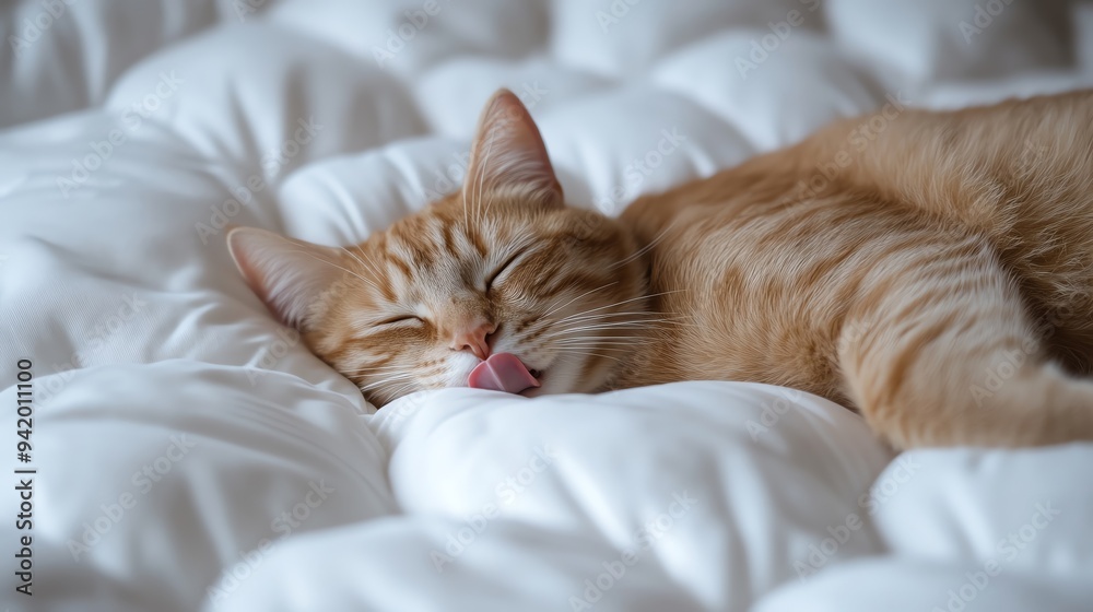 Cute ginger cat sleeping with tongue out, funny and adorable. Total exhausted. Cute ginger cat sleeping with tongue out, funny and adorable. Total exhausted.