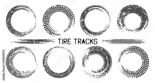 Grunge circle tire tracks, wheel braking marks. Truck, car or motorcycle tread pattern silhouettes. Auto race, motorsport, speed racing design element. Vector illustration