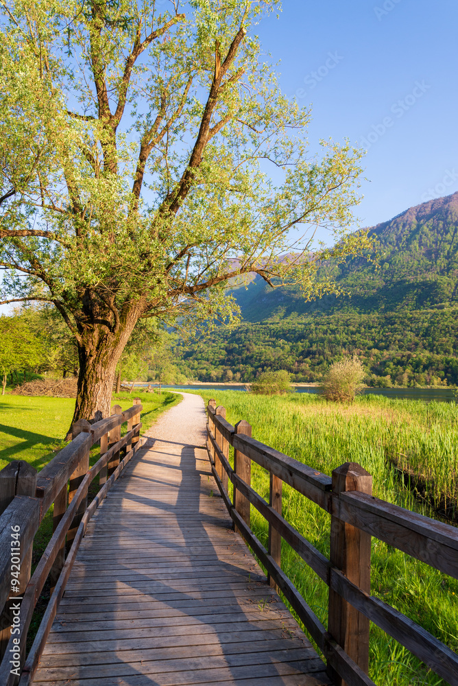 Carlazzo, Italy: paths along the shores of Lago Piano. Small nature reserve located in Val Menaggio. It has an area of 0.72 km2 and a maximum depth of 13 meters and it is located near Porlezza town Carlazzo, Italy: paths along the shores of Lago Piano. Small nature reserve located in Val Menaggio. It has an area of 0.72 km2 and a maximum depth of 13 meters and it is located near Porlezza town