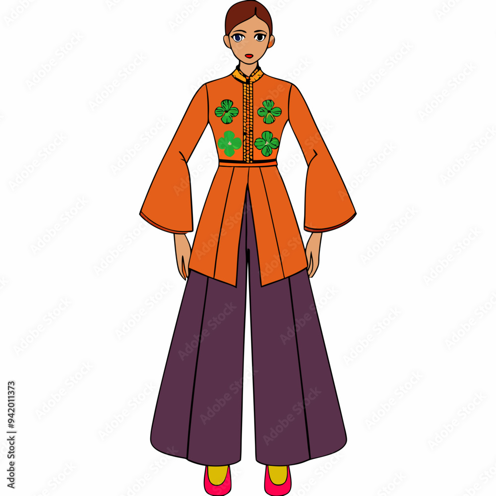 Wide Blouse with Long Trousers Embroidered Luxury Set on White Background Wide Blouse with Long Trousers Embroidered Luxury Set on White Background